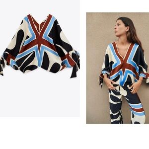 ZARA satin effect black cream brown blue tied printed blouse V-neck Sz M NWT